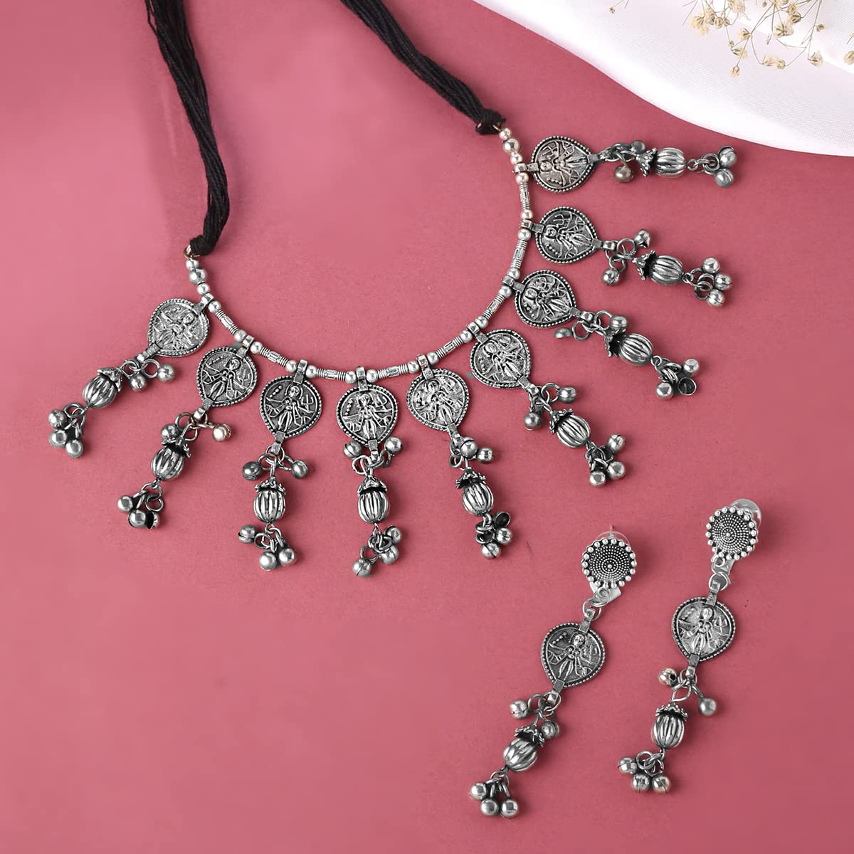 Yellow Chimes Jewellery Set For Women Silver Oxidised Floral and Leaf Shaped Fattering Adjustable Choker Necklace Set For Women and Girls