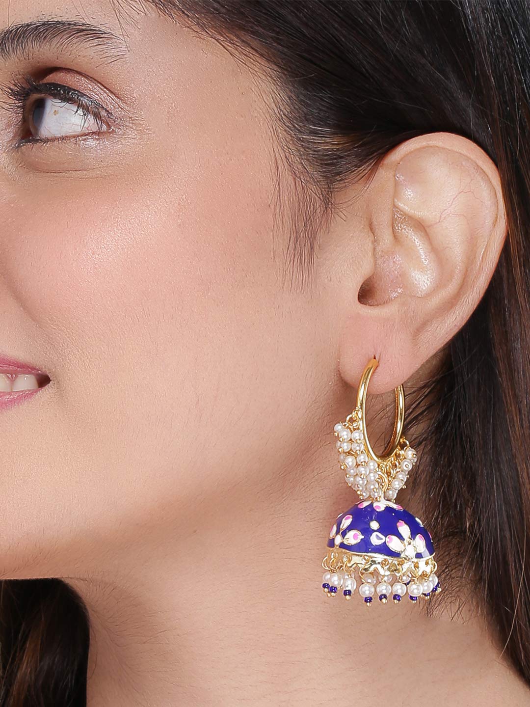 Yellow Chimes Meenakari Handcrafted Gold toned Traditional Blue Jhumka/Jhumki Hoop Earrings for Women & Girls