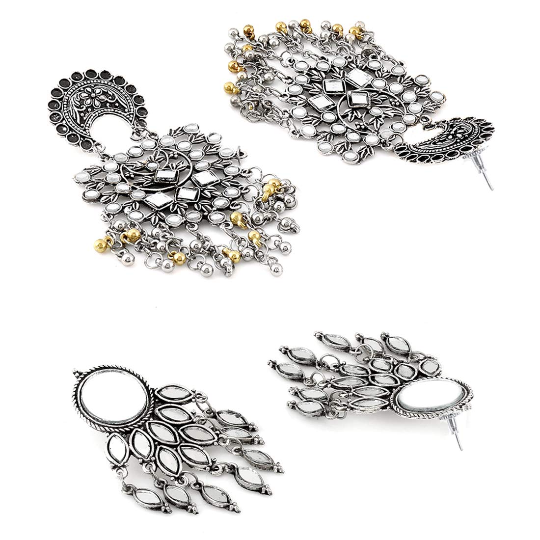Yellow Chimes Combo of 2 pairs Ethnic German Silver Oxidised Mirror Design Silver Beads Dangler Chandbali Earrings for Women And Girls, medium (YCTJER-50OXDMIR-C-SL)
