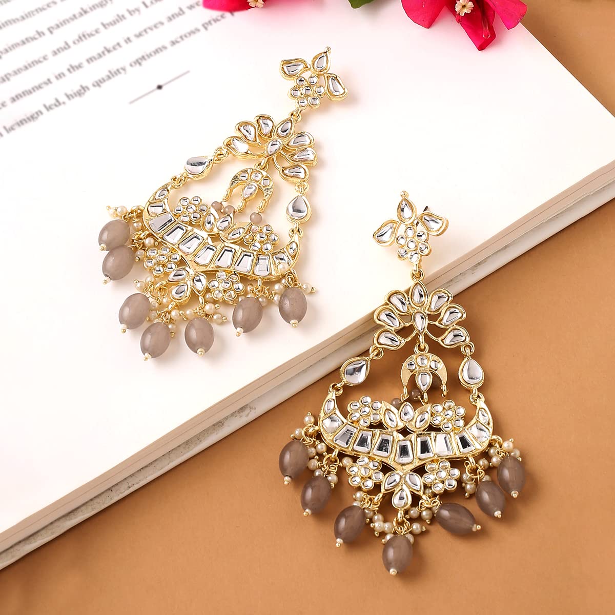 Yellow Chimes Earrings for Women Gold Toned Kundan Studded Traditional Grey Beads Long Dangler Earrings for Women and Girls