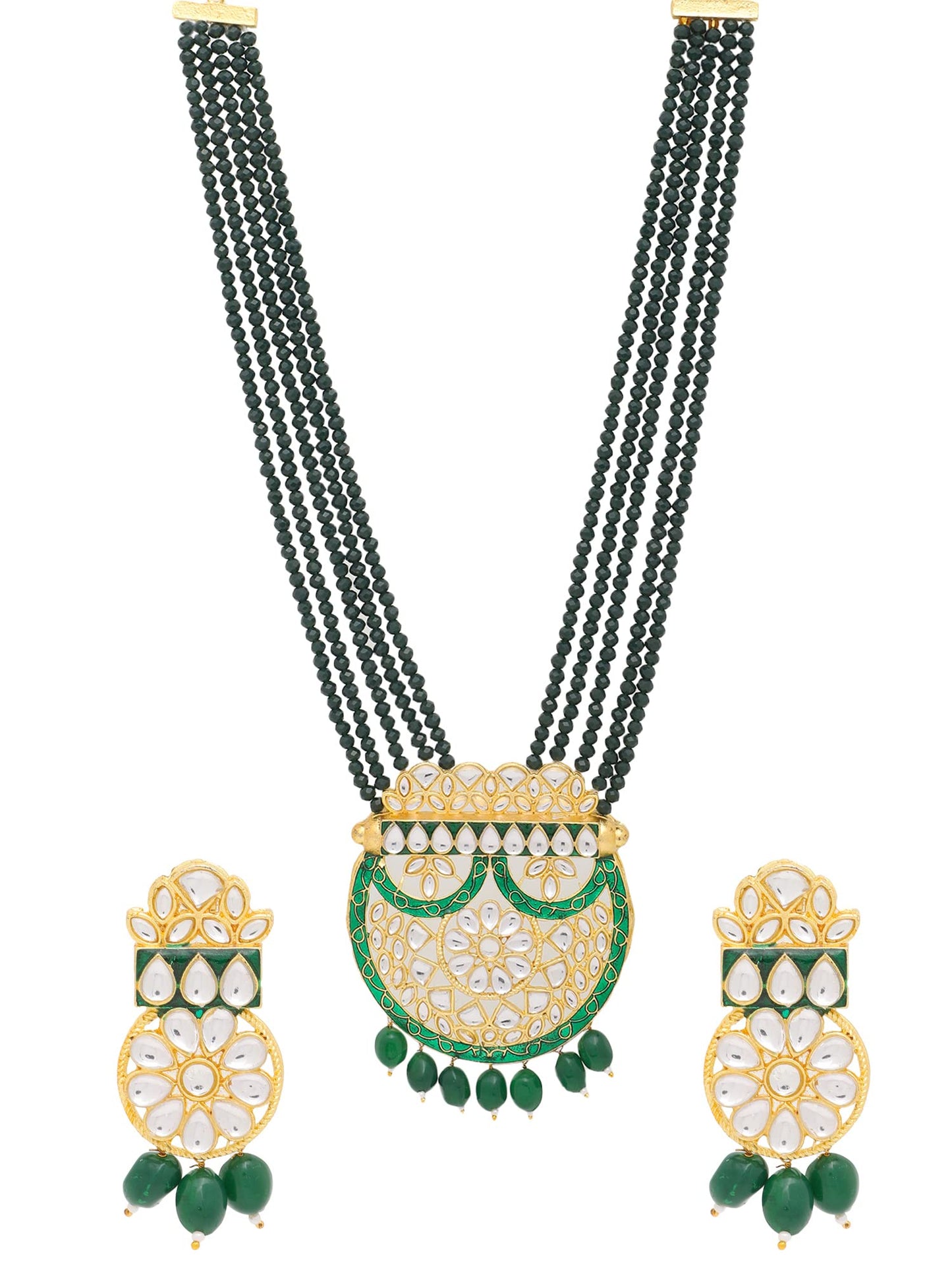 Yellow Chimes Traditional Jewellery Set for Women Ethnic Kundan Jewelry Set Gold Plated Multilayer Green Beads Long Necklace Set for Women and Girls