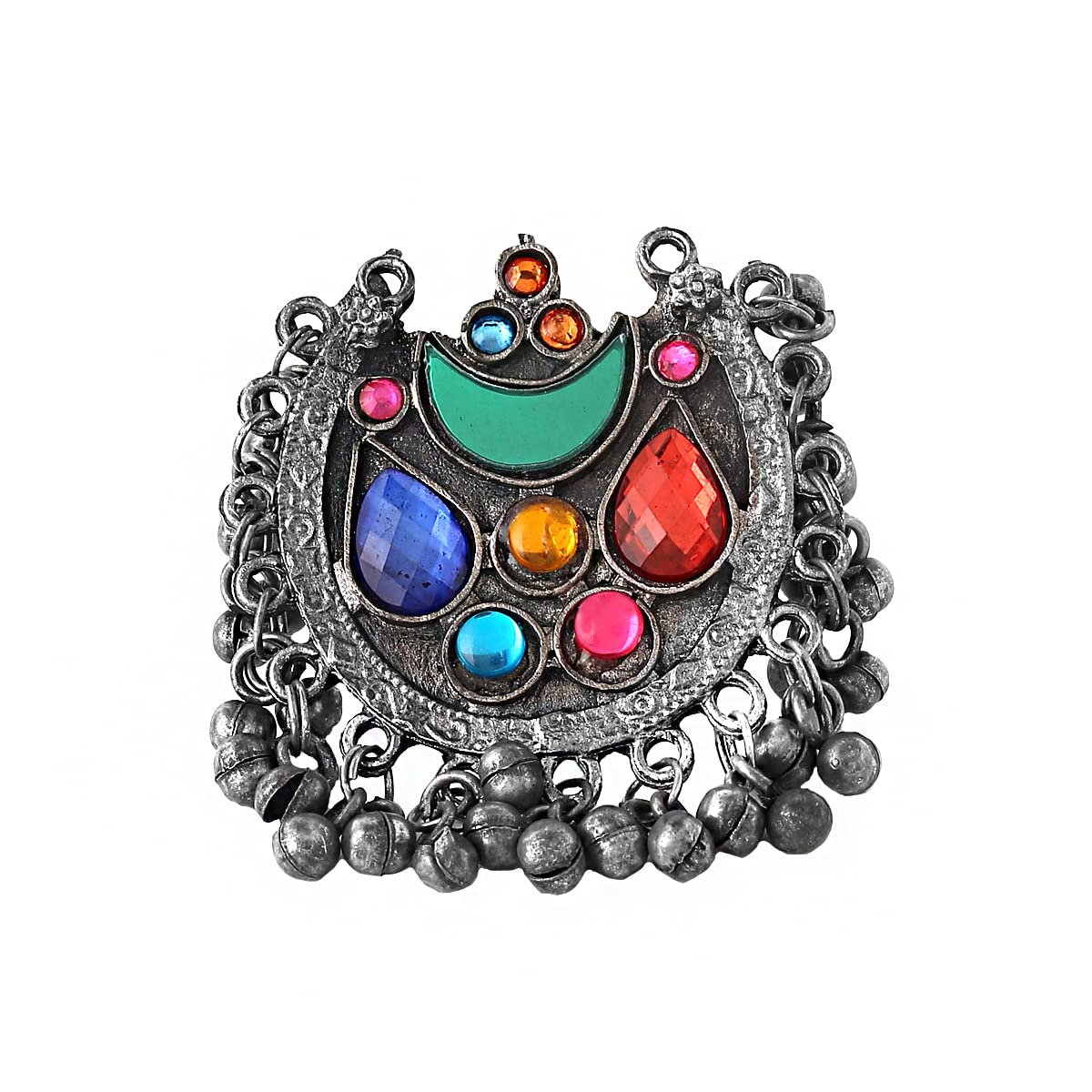 Yellow Chimes Rings For Women Afgahni Silver Oxidised Multicolor Stone Studded Ghungroo Beaded Antique Finger Ring For Women and Girls