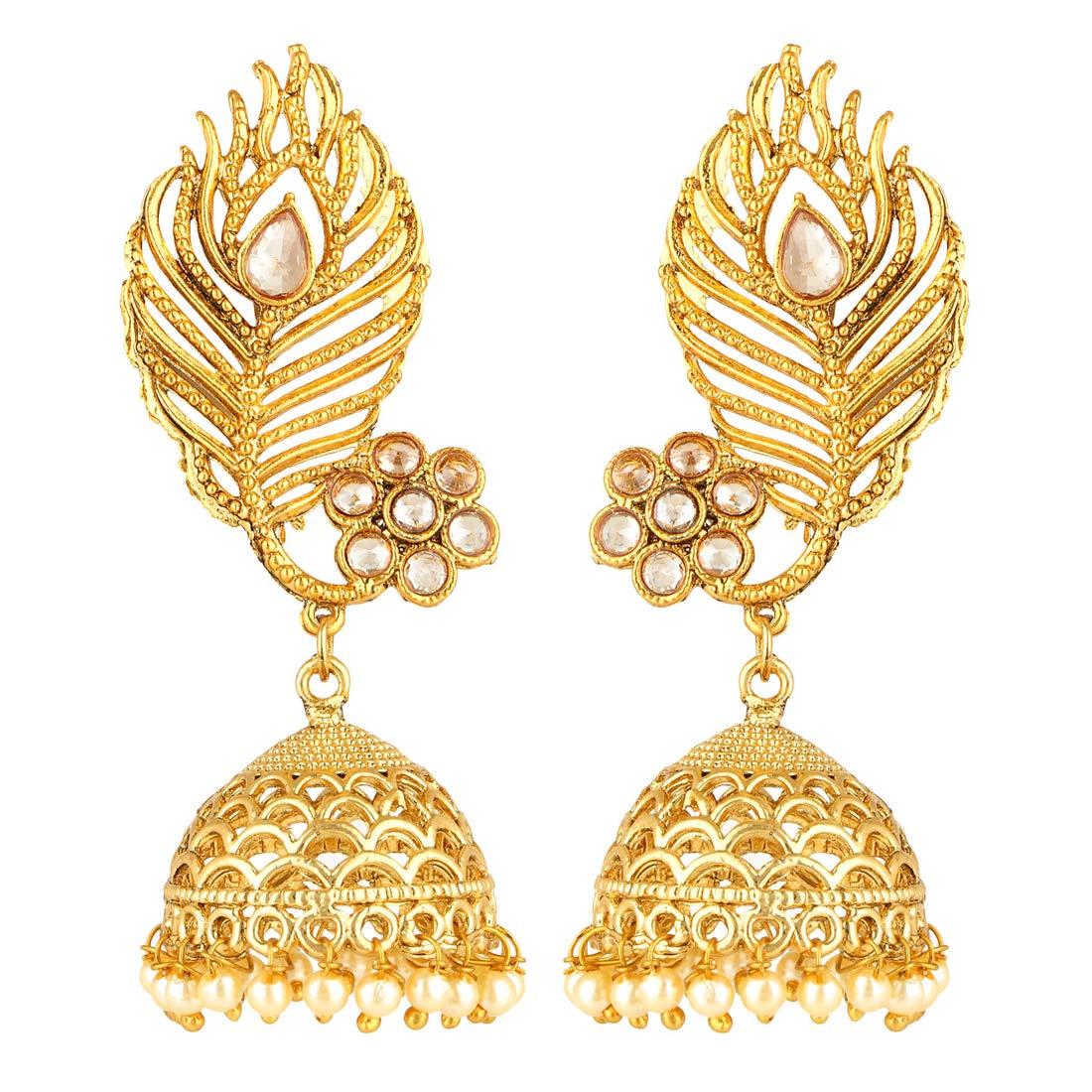 Yellow Chimes Peacock Feather Design Pearl Drops Kundan Jhumki Traditional Earrings for Women and Girls