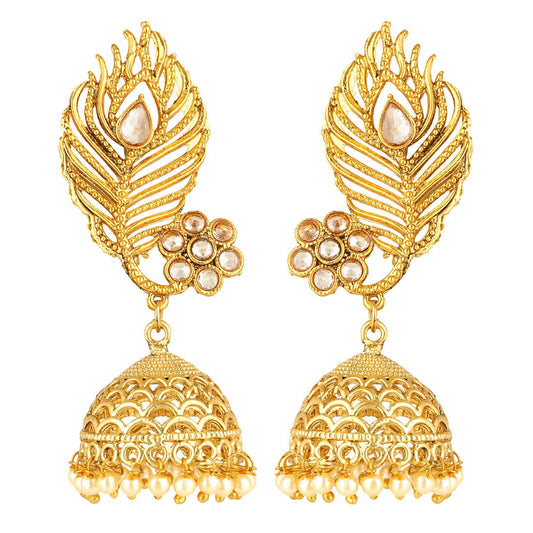 Yellow Chimes Peacock Feather Design Pearl Drops Kundan Jhumki Traditional Earrings for Women and Girls