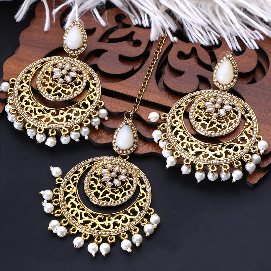 Yellow Chimes Ethnic Gold Plated Traditional Pearl Chandbali Earrings with Maangtikka for Women and Girls, Medium (YCTJER-04MNGPRL-GL)