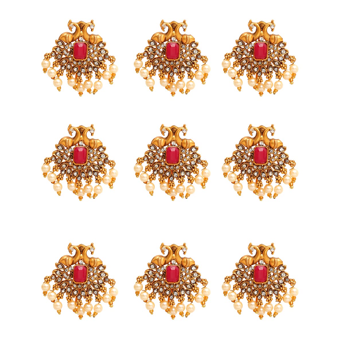 Yellow Chimes Jadai Billai for Women 9 Pcs Gold Plated Red Crystal Studded Beads Drop Choti Jadai Billai Hair Pin Bridal Hair Brooch Hair Jewellery for Women and Girls