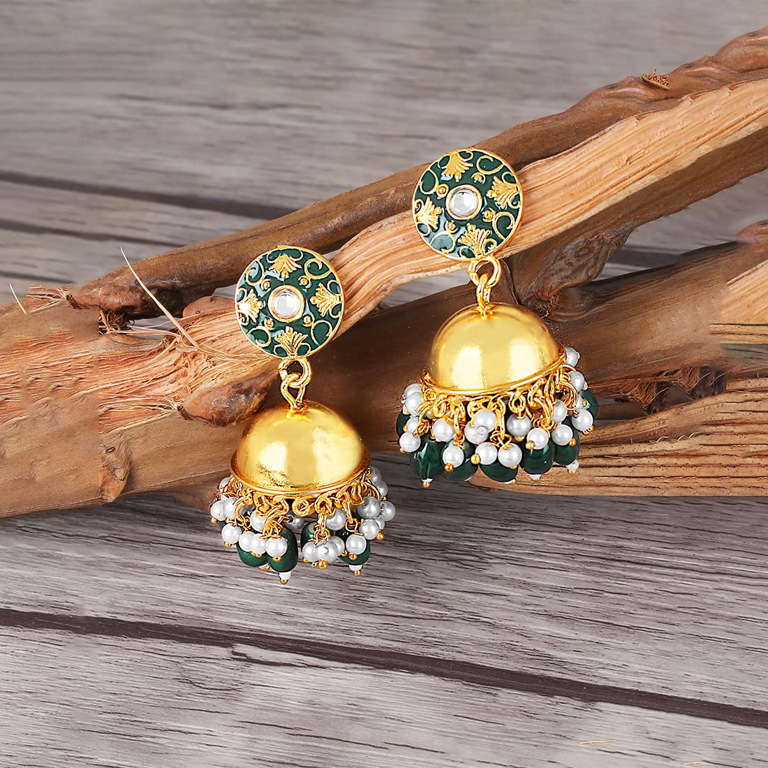 Kairangi Earrings for Women and Girls | Green Meenakari Jhumka with Pearls | Gold Plated Jhumkas | Dome Shaped Jhumki Earring | Birthday Gift for Girls and Women Anniversary Gift for Wife