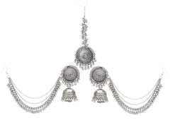 Yellow Chimes Oxidised Jhumka Earrings for Women Silver Oxidised Antique Traditional Maang Tikka with Earrings Jewellery Set for Women and Girls.
