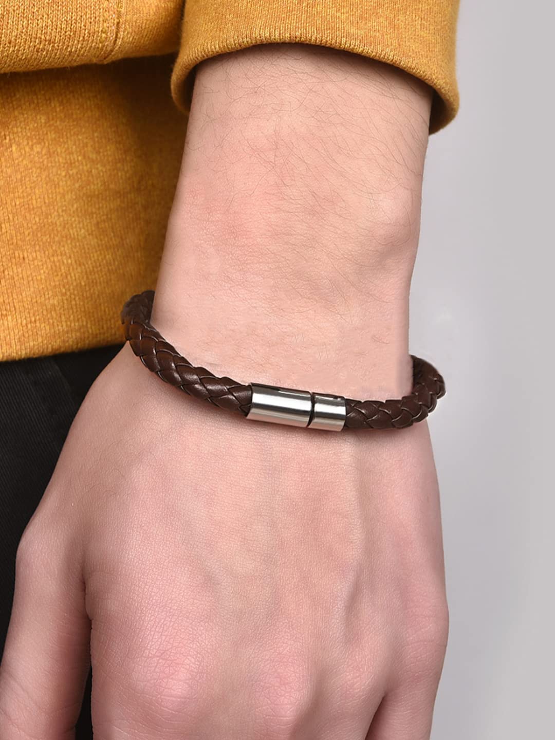 Yellow Chimes Men's and Women's Leather Strand Base Metal Bracelet (Brown)