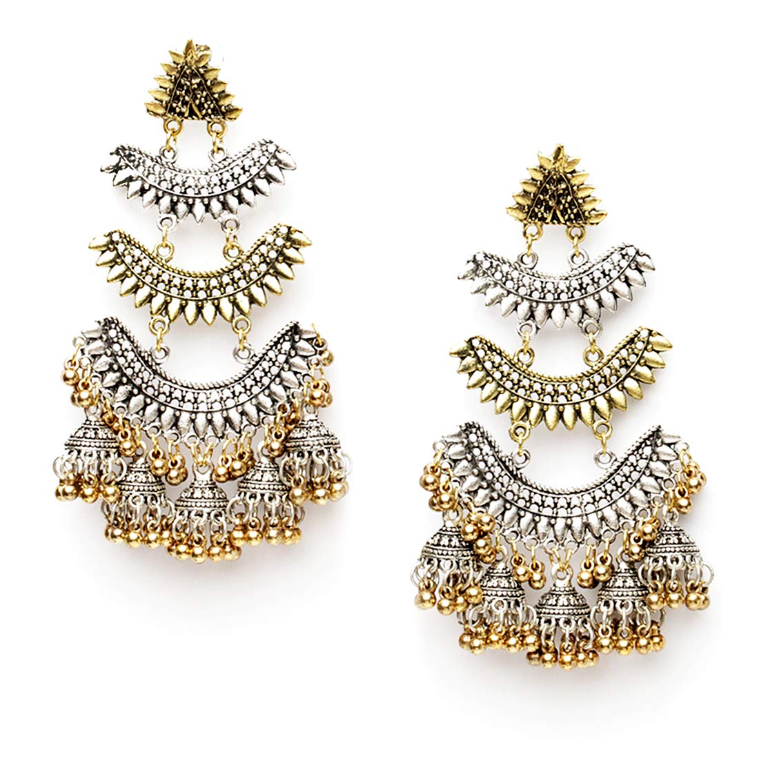 Yellow Chimes Handcrafted Crafted Multilayer Silver Tone Ethnic Fusion Traditional Long Chand Bali Jhumka Earrings for women And Girl's