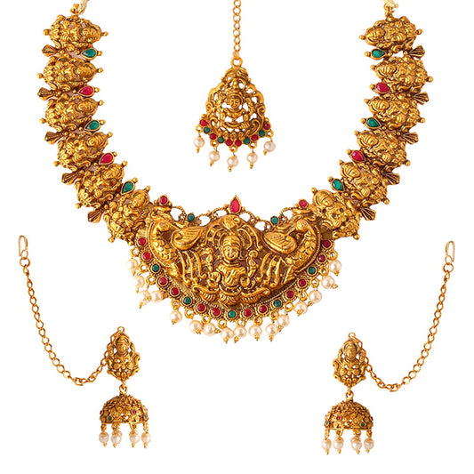 Yellow Chimes Jewellery Set for Women Gold Plated Traditional Temple Jewellery Set Antique Necklace Set with Earrings and Maangtikka for Women and Girls