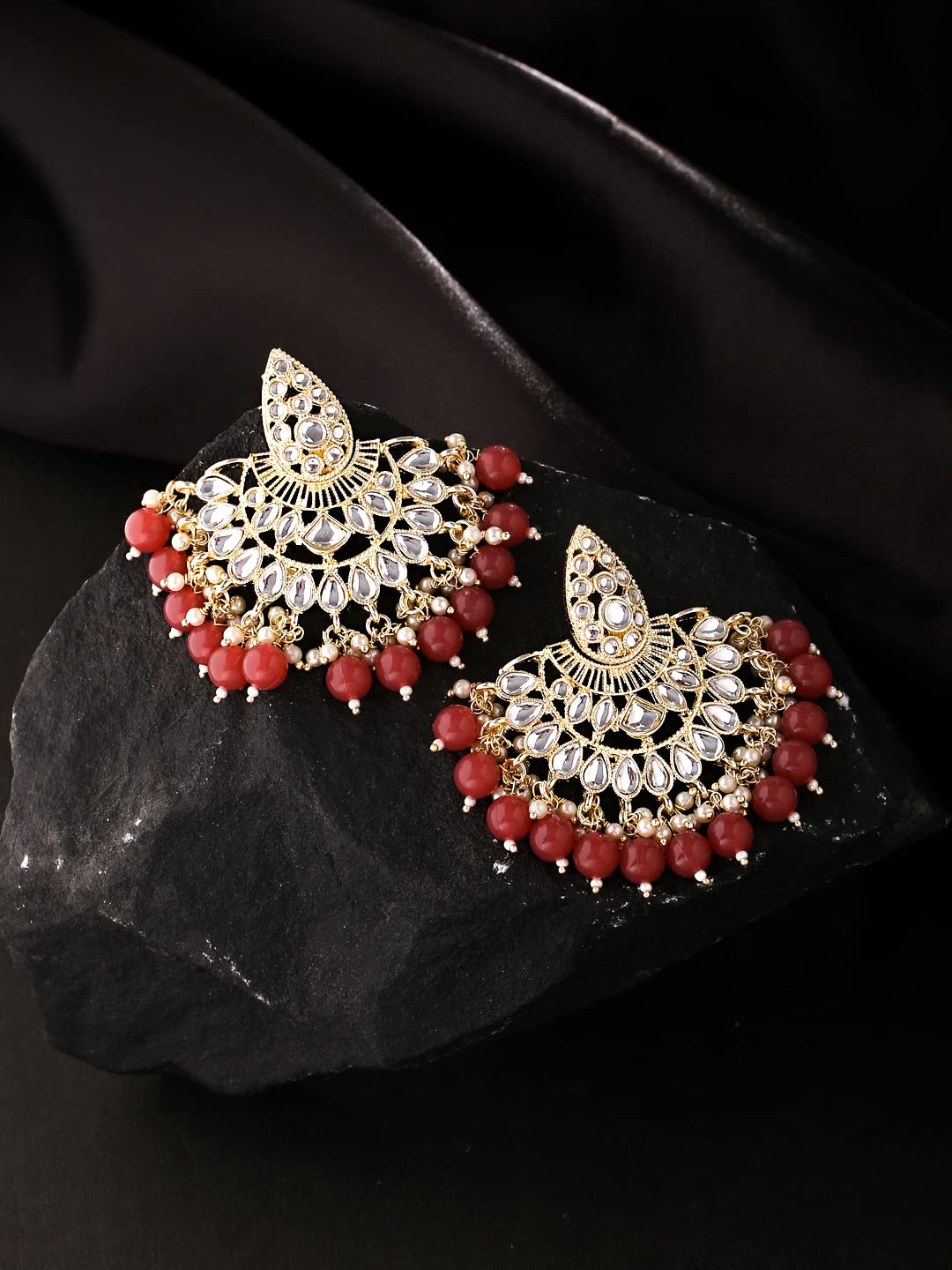 Yellow Chimes Earrings for Women Gold Toned Kundan Studded Red Pearl Drop Chandbali Earrings for Women and Girls