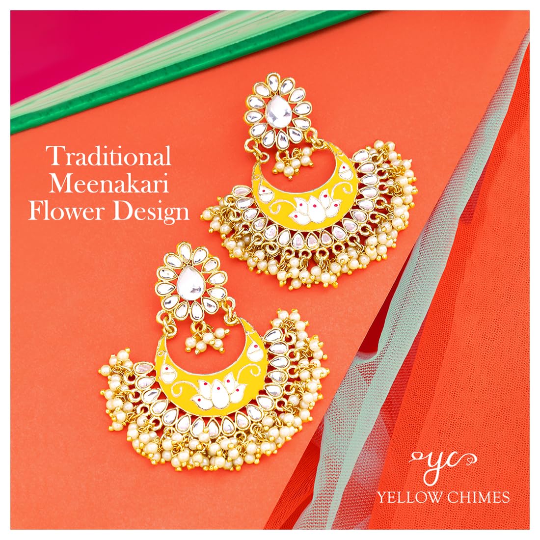 Kairangi Meenakari Chandbali Earrings for Women Gold Plated Traditional Meenakari Flower Yellow Chand bali Earrings for Women and Girls.