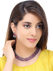 Yellow Chimes Jewellery Set for Women and Girls Traditional Silver Oxidised Jewellery Set Pink Choker Set | Studded Stone Choker Necklace Set for Women | Birthday Gift For Girls and Women Anniversary Gift for Wife