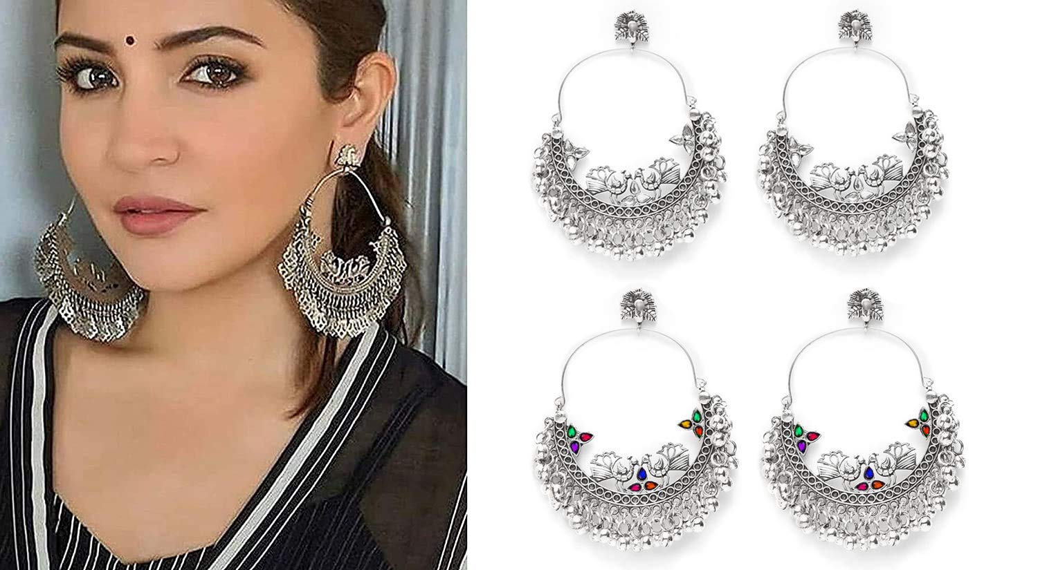 Yellow Chimes Combo of Two Pairs German Silver Oxidised Chand Bali Bollywood Celebrity Choice Peacock ChandBali Earrings For Women and Girl's