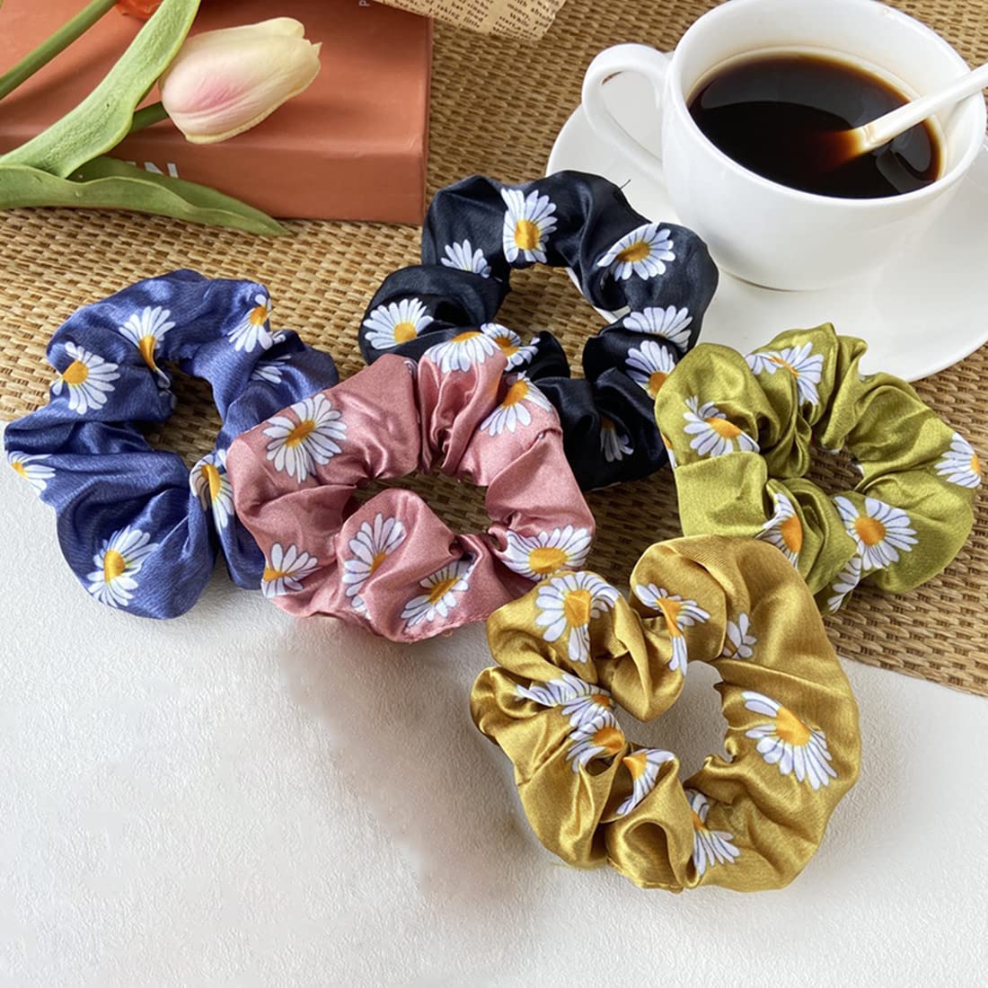 Yellow Chimes Scrunchies for Women Hair Accessories for Women 5 Pcs Satin Scrunchies Set Floral Print Rubber Bands Multicolor Scrunchie Ponytail Holders Hair Ties for Women and Girls Gifts for Women and Girls