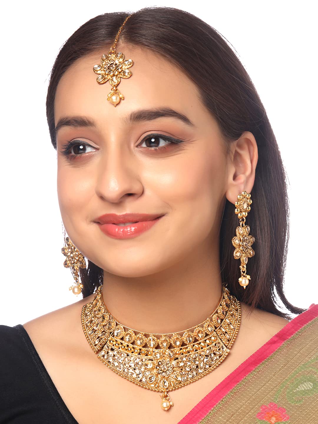 Yellow Chimes Traditional Jewellery Set for Women Gold-Plated Kundan Floral Choker Necklace Set With Maangtikka For Women and Girls