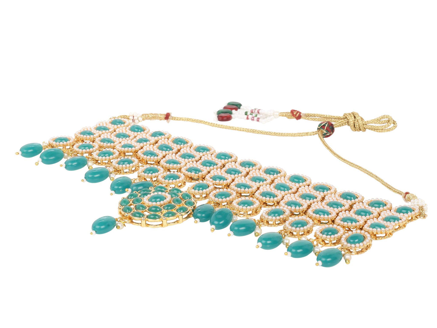 Yellow Chimes Gold Plated Traditional Emerald Green Stones pearl Choker necklace set with Drop earrings with maang tikka bridal jewellery set