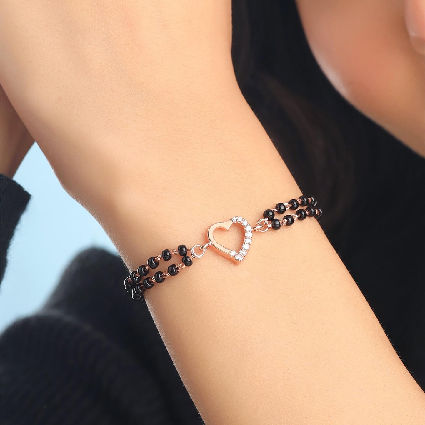 Yellow Chimes Mangalsutra Bracelet for Women Black Beads Heart Charm Rose Gold Plated Hand Mangalsutra Bracelets for Women | Marriage Anniversay Birthday Gift For Wife and Women