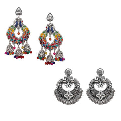 Yellow Chimes Combo of 2 Pairs Ethnic Silver Oxidised Floral Design Beads Studded Stones Chandbali Jhumka Earrings for Women and Girls, silver, multicolour, medium (YCTJER-CHNDNGLR-C-SLMC)