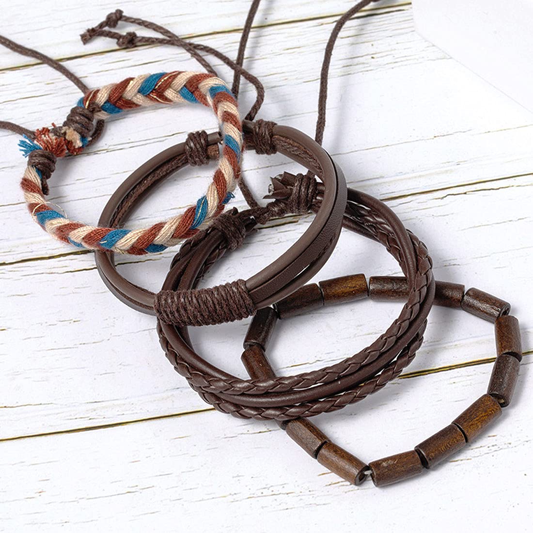 Yellow Chimes Leather Bracelet for Men 4 Pcs Combo PU Leather Brown Wrap Bracelet for Men and Women.