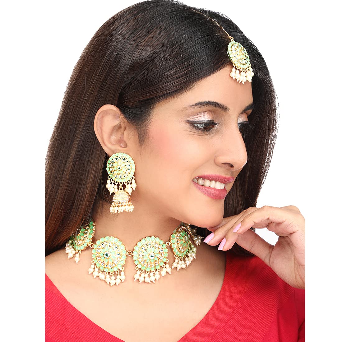 Yellow Chimes Ethnic Gold Plated Studded Kundan Green Beads Design Jewellery Set Traditional Choker Necklace Set with Earrings and maang Tikka for Women and Girls (Design 8)