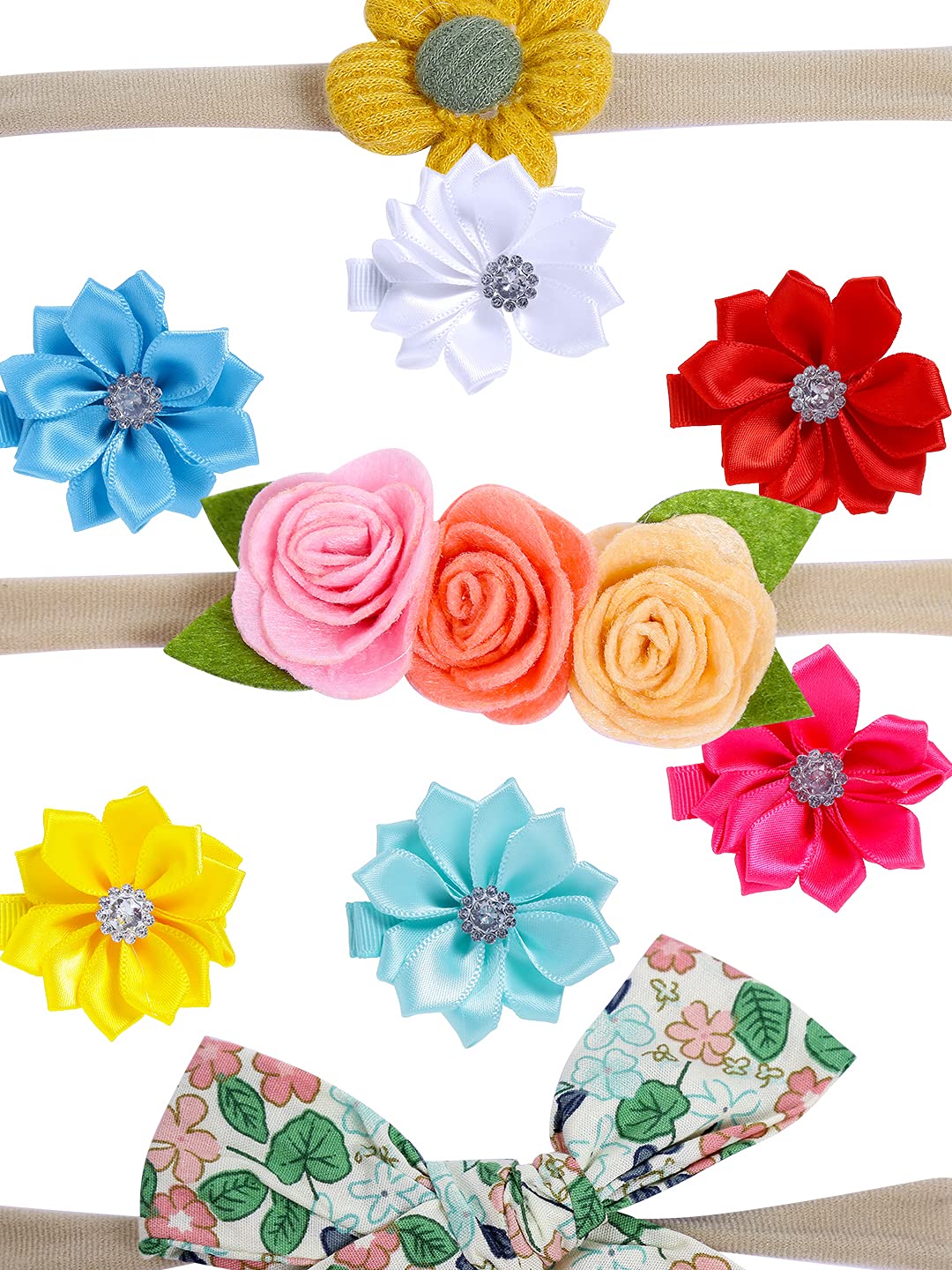 Melbees by Yellow Chimes Combo of 3 Stretcheable Hair Bands and 6 Floral Big Hair Clips Hair Accessories for Baby Infant (Pack of 9), Multi-Color, Medium