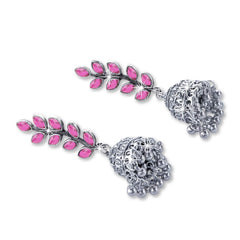 Yellow Chimes Stylish Leaf Wine Silver Oxidized Traditional Jhumka Earrings for Women and Girls (Pink)