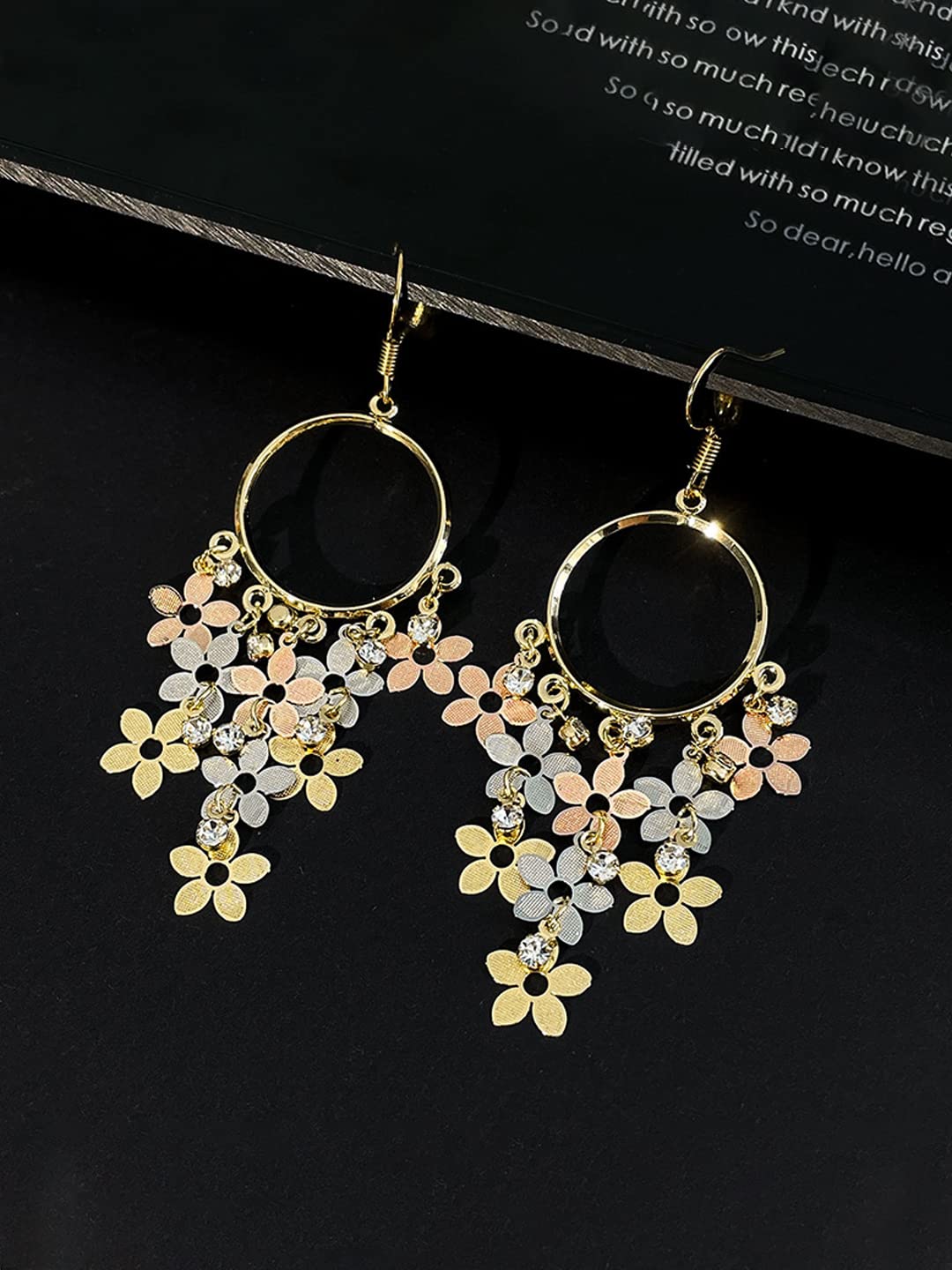 Yellow Chimes Earrings For Women Gold Tone Open Circle Crystal Flower Hanging Hook Drop Earrings For Women and Girls