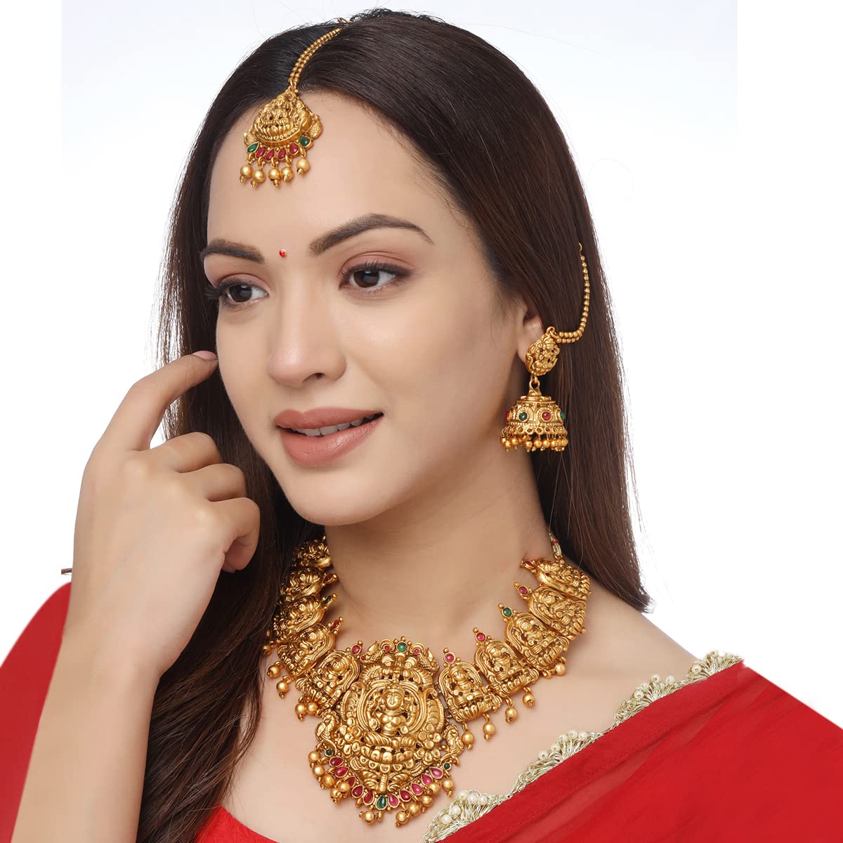 Yellow Chimes Jewellery Set for Women Gold Plated Traditional Temple Jewelry Set Antique Necklace Set with Earrings and Maangtikka for Women and Girls (JS 16)