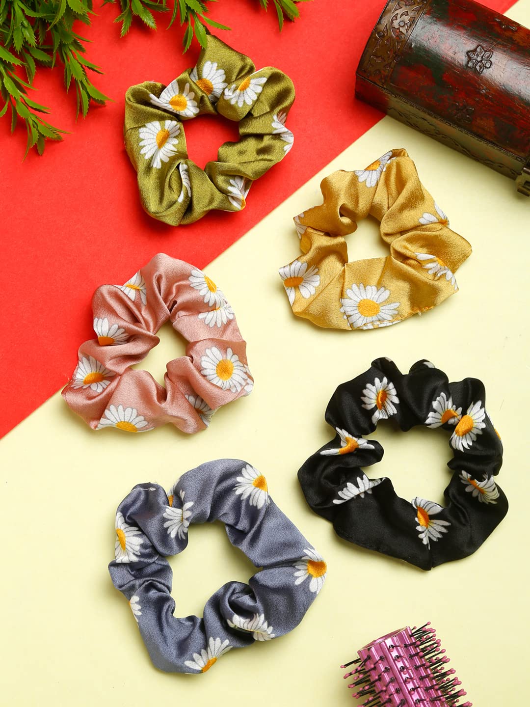 Yellow Chimes Scrunchies for Women Hair Accessories for Women 5 Pcs Satin Scrunchies Set Floral Print Rubber Bands Multicolor Scrunchie Ponytail Holders Hair Ties for Women and Girls Gifts for Women and Girls