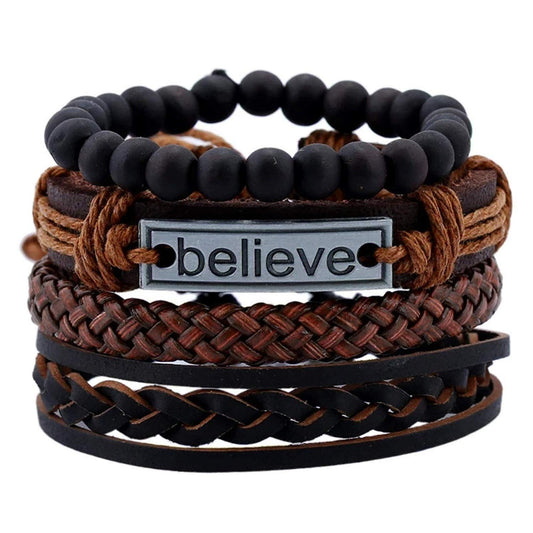 Yellow Chimes 4pcs Inspirational Message 'Believe' Unisex Multi Strand Bracelet for Men (Brown, Black) (YCFJBR-106BELIV-BR)