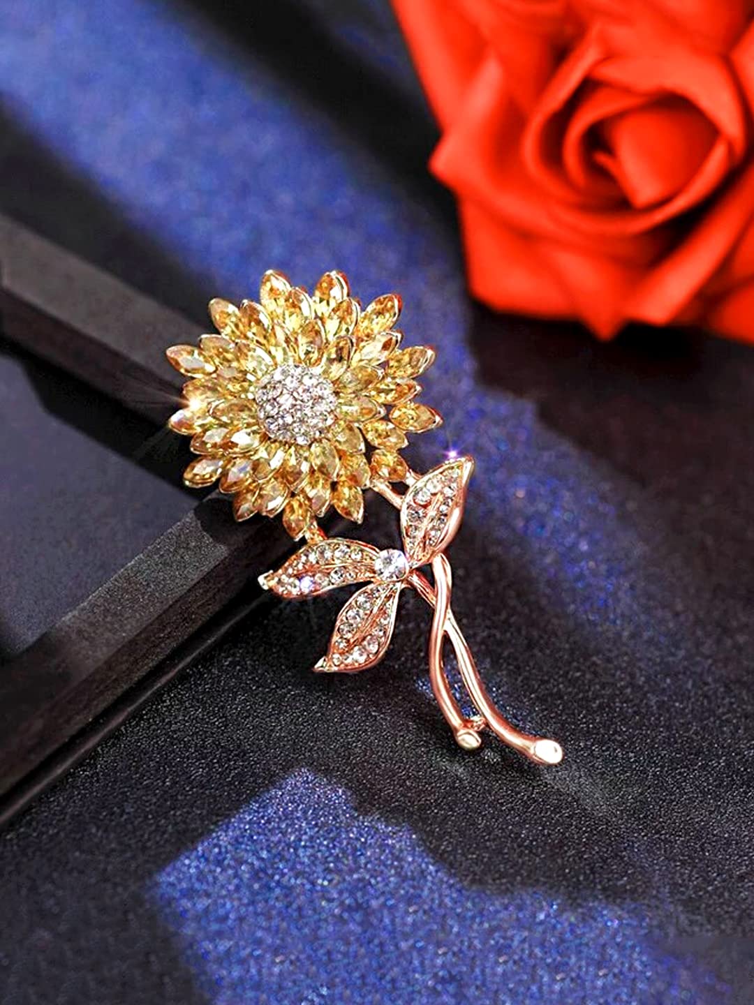 Yellow Chimes Floral Brooch for Women Elegant Gold Plated Beautiful Flower Crystal Studded Brooch for Women and Girls