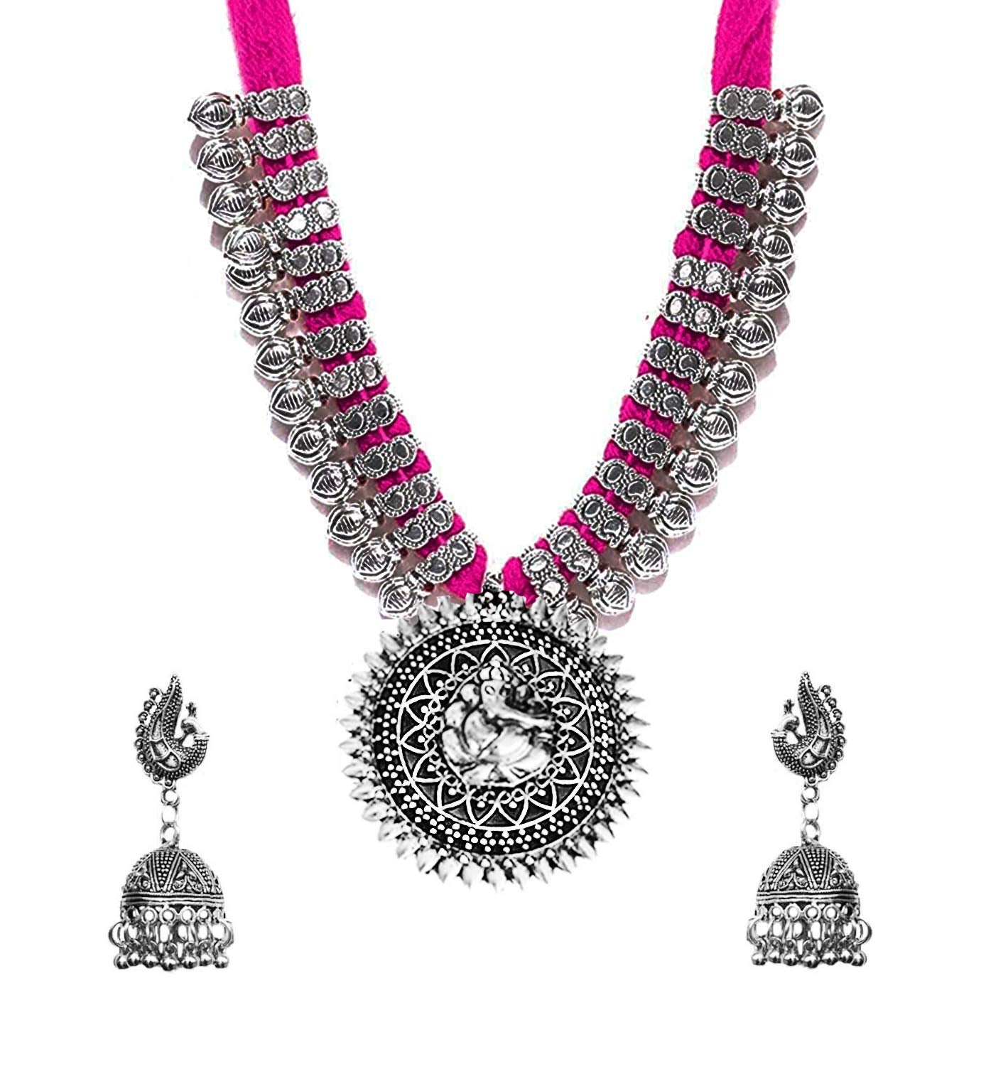 Yellow Chimes Jewellery Set for Women & Girls Traditional Silver Oxidised Jewellery Set Pink Necklace Set for Women | Dori Thread Antique Ganesha Ji Oxidized Necklace Set | Birthday Gift For Girls and Women Anniversary Gift for Wife