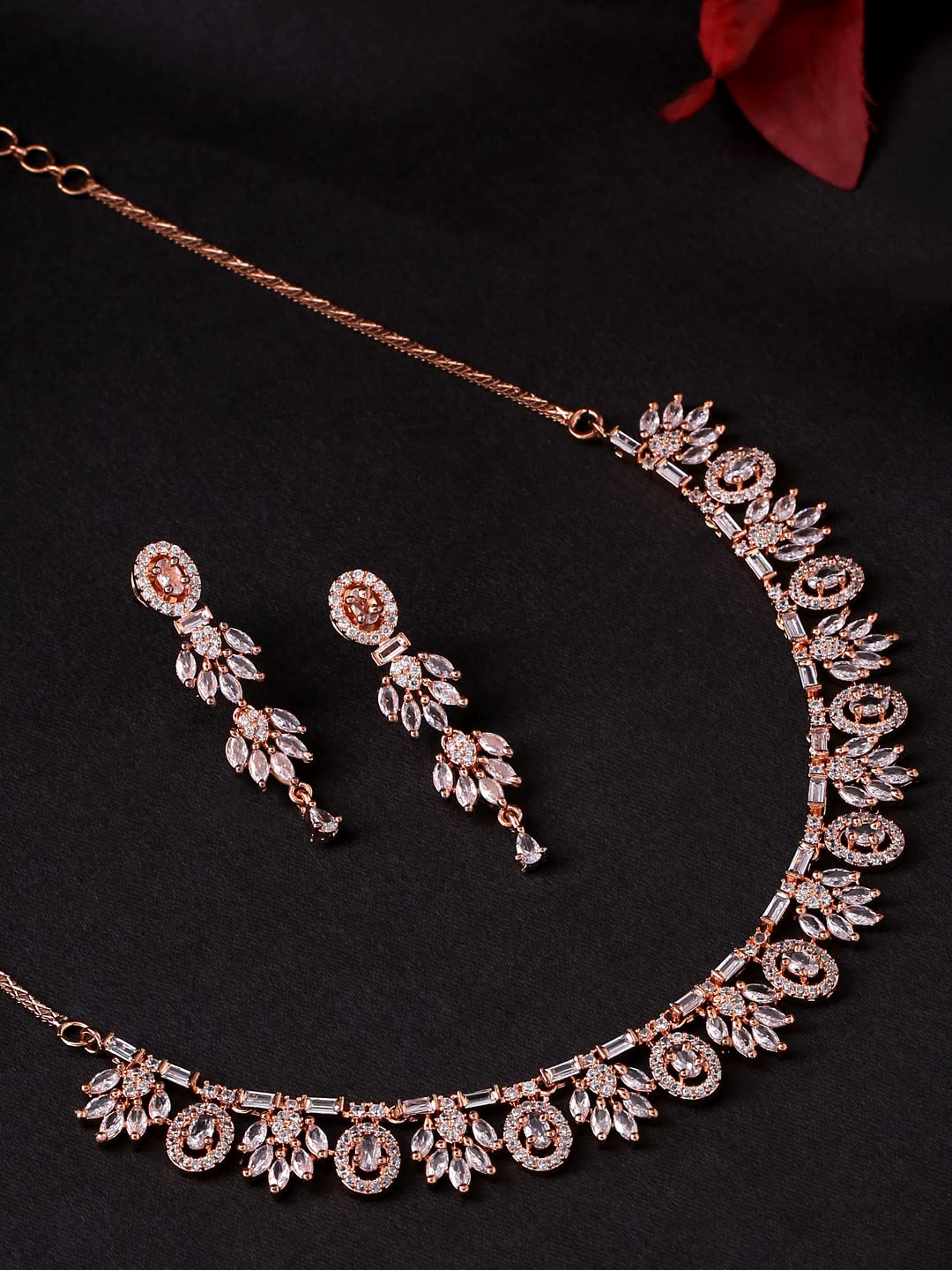 Yellow Chimes American Diamond Rosegold Plated Brass Jewellery Set For Women | Ideal For Wedding Events Anniversary Gifting | Suited For Traditional & Western Attire | Rose Gold AD Necklace Set