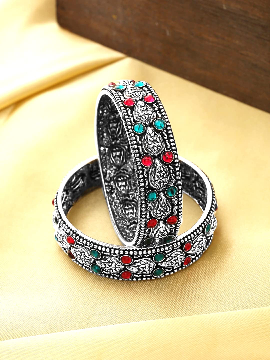 Yellow Chimes Oxidised Bangles Set for Women Authentic Kolhapuri Work Handmade Kundan Studded Silver Oxidized Bangles Sets for Women and Girls