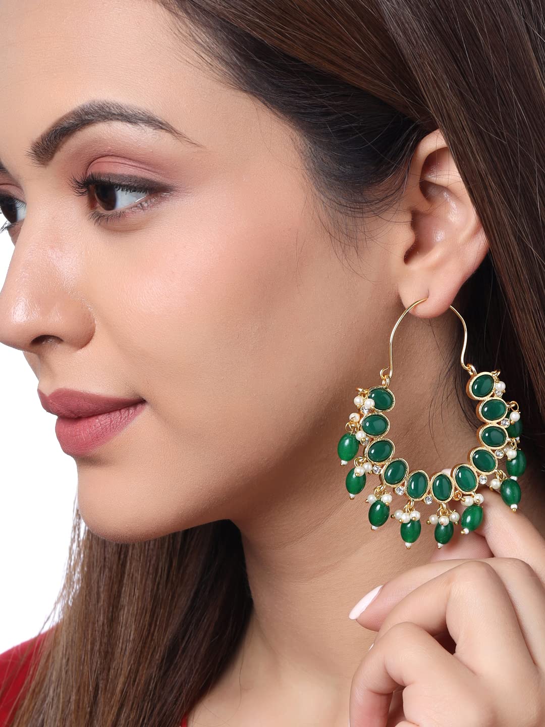 Yellow Chimes Earrings For Women Gold Toned Green Stone Studded Graceful Hoop Earrings For Women and Girls