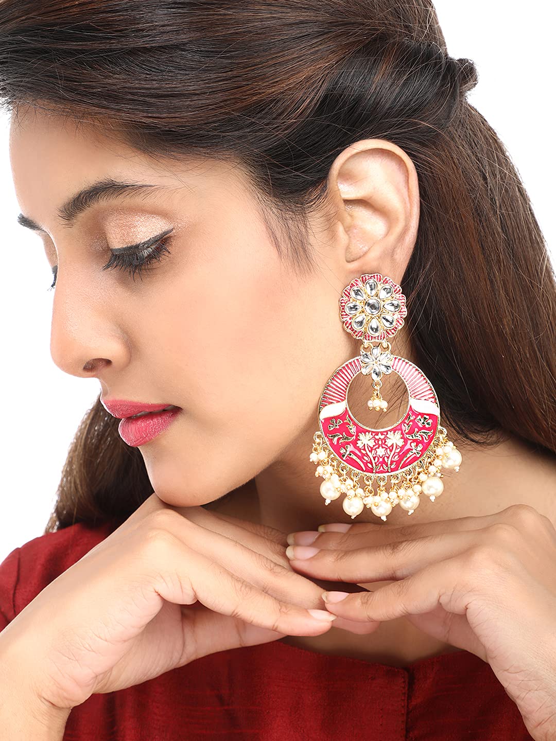 Yellow Chimes Ethnic Gold Plated Traditional Kundan Studded Moti Beads Pink Meenakari Design Chandbali Earrings for Women and Girls, Medium (YCTJER-94MNKCNH-PK)