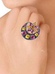 Yellow Chimes Oxidized Silver Traditional Earrings Adjustable Ring Combo for Women and Girls (Pink)