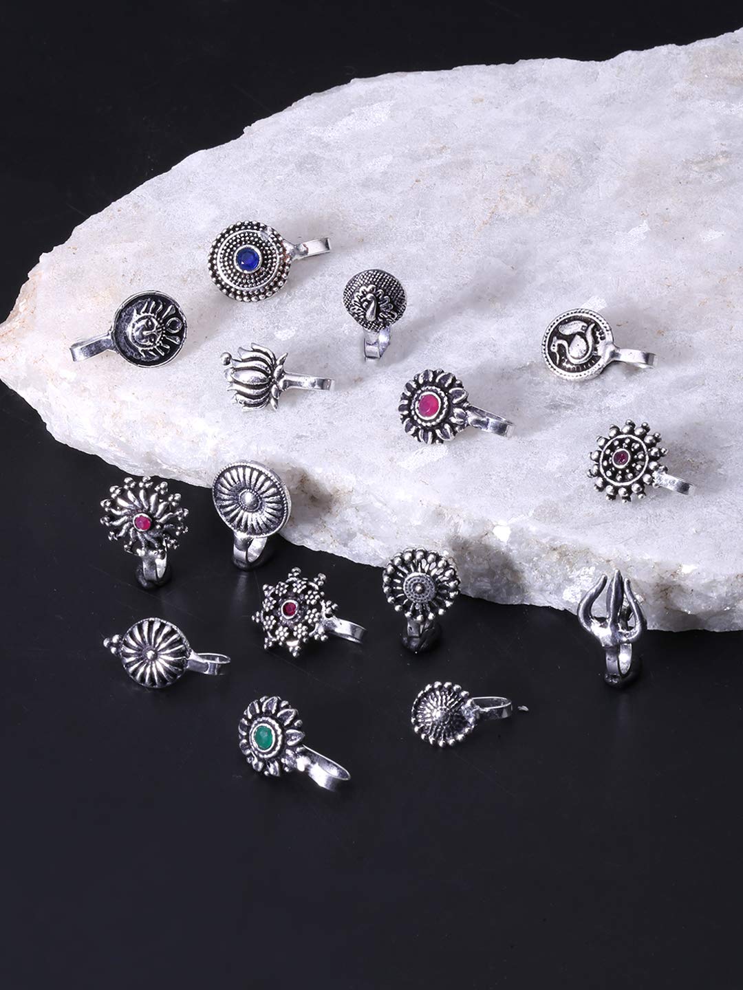 Yellow Chimes Oxidised Nose Pins for Women Silver Oxidized Nosepin Classic 15 Pcs Combo without Piercing Nose Pins for Women and Girls.