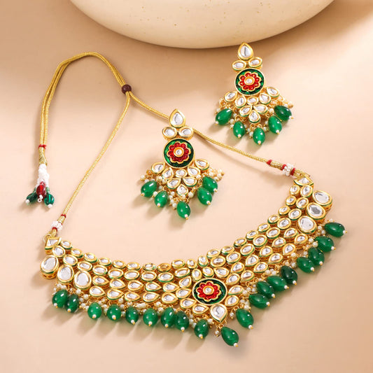 Yellow Chimes Jewellery Set for Women and Girls Kundans Necklace Set | Gold Plated Kundan Choker Green Beads Drop Necklace Set | Birthday Gift for girls and women Anniversary Gift for Wife