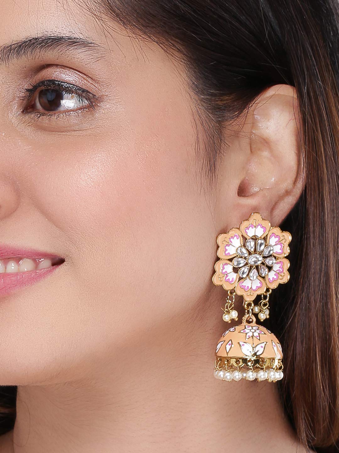 Yellow Chimes Meenakari Jhumka Earrings Handcrafted Stylish Gold toned Traditional Flower Jhumka/Jhumki Earrings for Women & Girls (Peach)