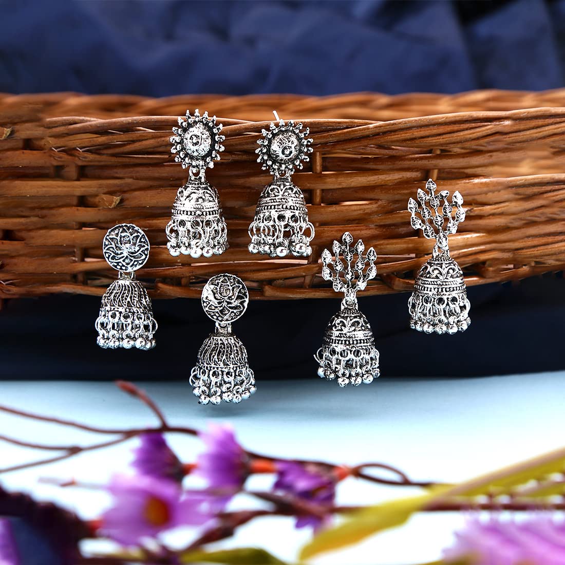 Yellow Chimes Earrings for Women and Girls | Traditional Silver Oxidised Jhumka | German Silver Earring Set | Leaf Shaped Jhumki Earrings Combo | Accessories Jewellery for Women | Birthday Gift For Girls and Women Anniversary Gift for Wife