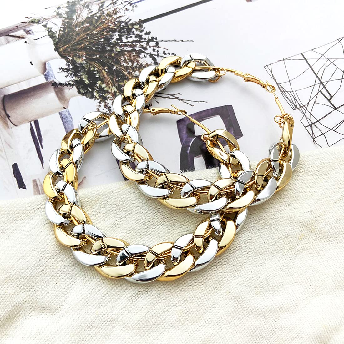Yellow Chimes Earrings for Women and Girls Fashion Silver Gold Hoops | Dual Tone Punk Cuban Chain Big Circle Hoop Earrings | Birthday Gift for girls and women Anniversary Gift for Wife