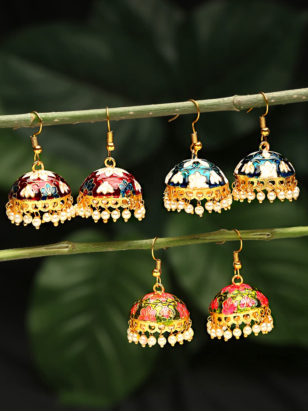 Yellow Chimes Meenakari Jumka Earrings with Ethnic Design Gold Plated Traditional Beads Combo of 3 pair for Women and Girls