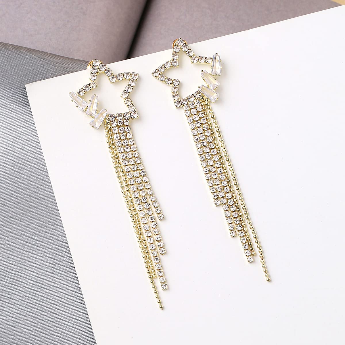 Yellow Chimes Earrings For Women Gold Tone Crystal Star Shape Long Chain Tassel Dangler Earrings For Women and Girls