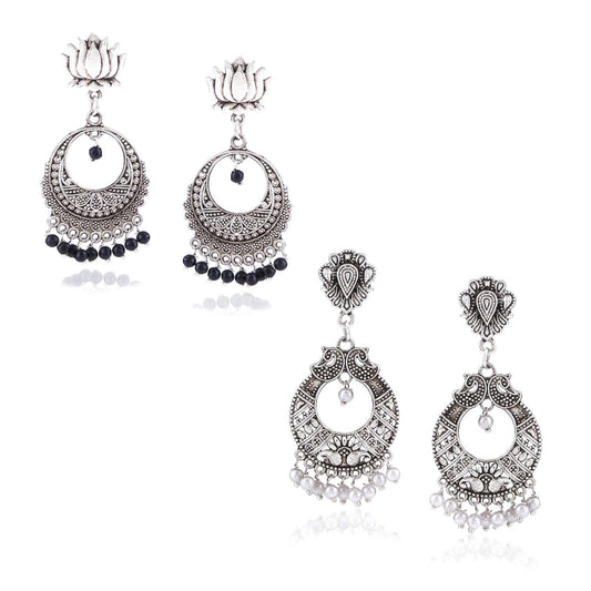 Yellow Chimes Combo Two Pairs Silver Oxidised Traditional Chand Bali Earrings for Women and Girls