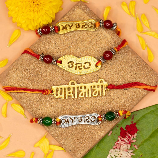 Yellow Chimes Rakhi for Brother | Combo of 4 Rakhi Set for Brother | Traditional Gold and Silver Plated Rakhi Set for Brother and Sister| Rakhi with Roli, Chawal and Greeting Card