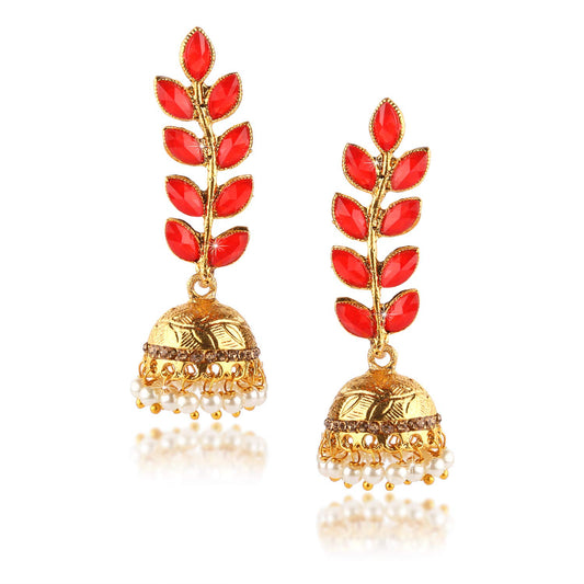 Yellow Chimes Stylish Wine Traditional Jhumka Red Golden Earrings for Women and Girls