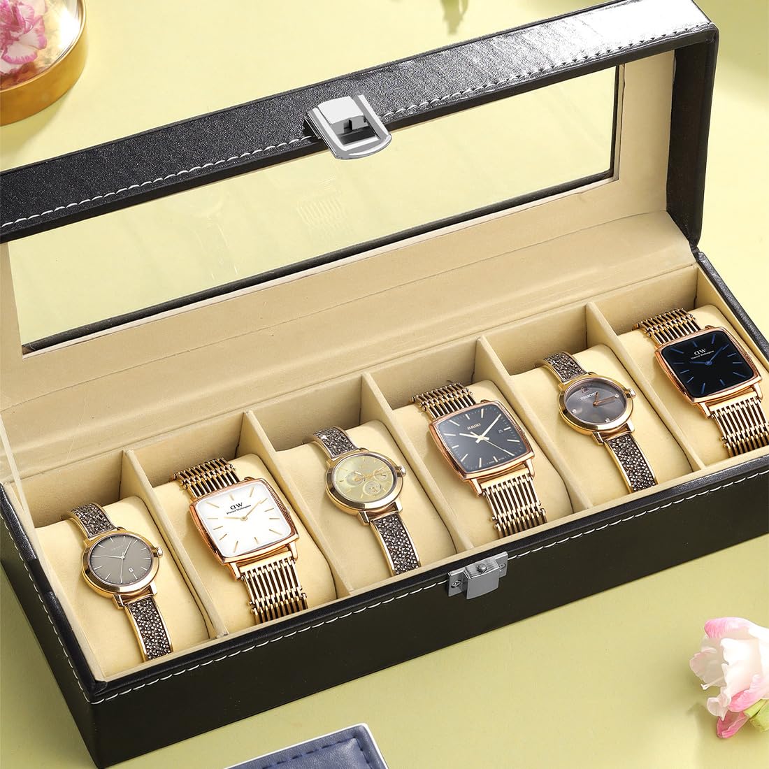 Yellow Chimes Watch Box Organizer for Men And Women Watch Case Storage Organiser PU Leather Bracelet Watch Collection Box | Watch Case with Large Glass Lid | Gift For Men Women